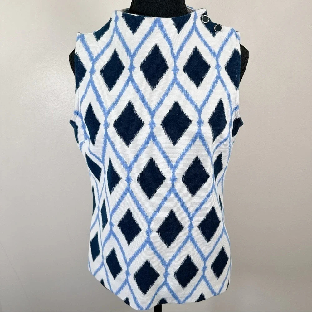 Talbots High Neck Button Shoulder Shell Diamond Print - Picture 3 of 16